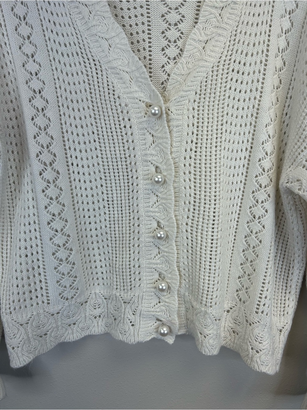 Cottagecore Feminine Size L Open Knit V-Neck Cardigan Sweater Pearl Buttons Boho - Picture 5 of 10